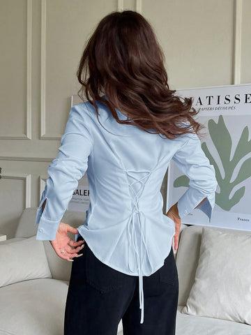 EZwear Women's Solid Color Button Front Long Sleeve Casual Blouse