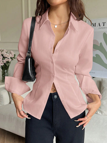 EZwear Women's Solid Color Button Front Long Sleeve Casual Blouse