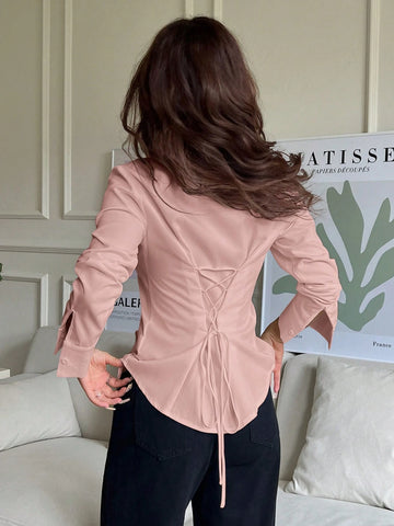EZwear Women's Solid Color Button Front Long Sleeve Casual Blouse