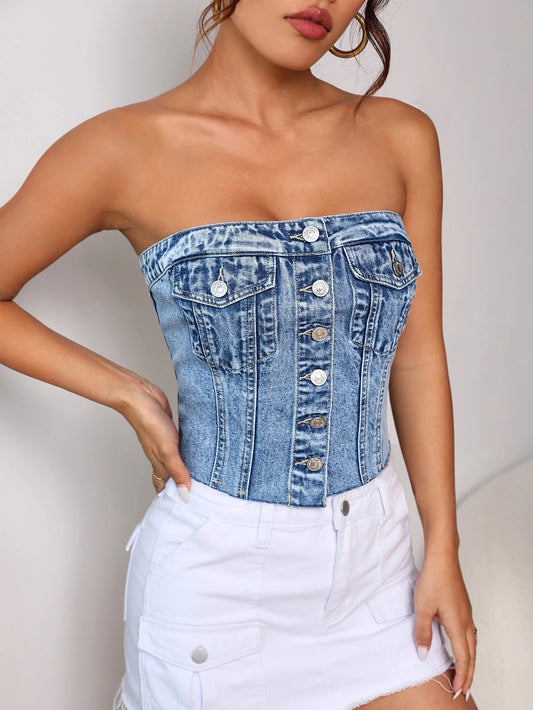 EZwear Women's Summer Flap Pocket Button Front Tube Denim Top