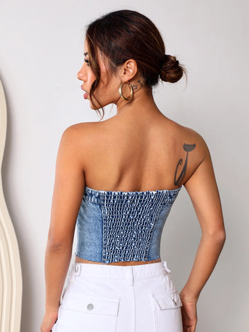 EZwear Women's Summer Flap Pocket Button Front Tube Denim Top