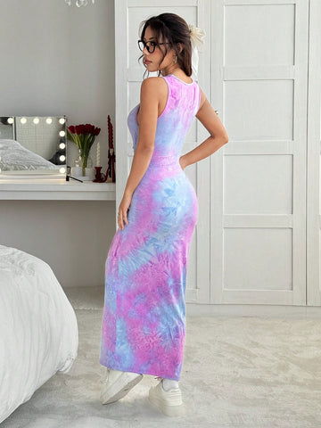 EZwear Women's Slim Summer Tie Dye Print Tank Bodycon Long Dress
