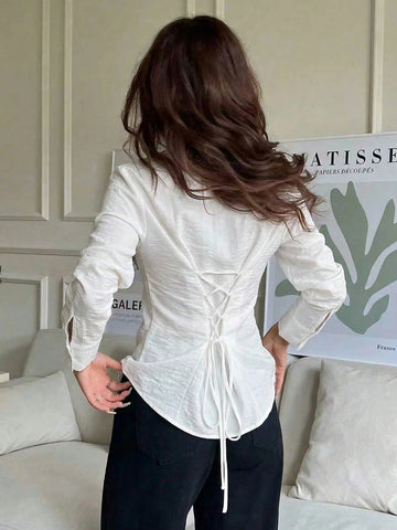 Women's Drawstring Solid Color Long Sleeve Single-Breasted Shirt
