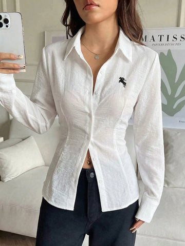 Women's Drawstring Solid Color Long Sleeve Single-Breasted Shirt