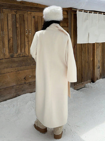 EZwear Women's Winter Double-Breasted Long Overcoat With Scarf Design