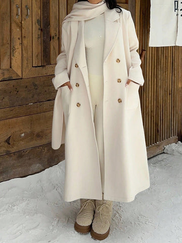 EZwear Women's Winter Double-Breasted Long Overcoat With Scarf Design