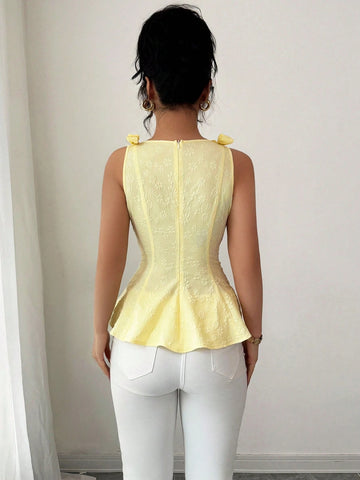 Woven Texture Floral Print Women's Top With Bowknot Shoulder Strap