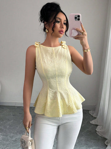 Woven Texture Floral Print Women's Top With Bowknot Shoulder Strap