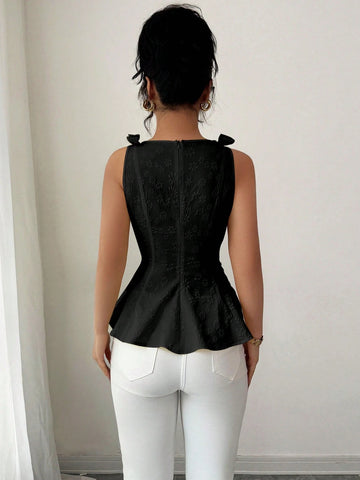 Woven Texture Floral Print Women's Top With Bowknot Shoulder Strap