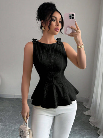 Woven Texture Floral Print Women's Top With Bowknot Shoulder Strap