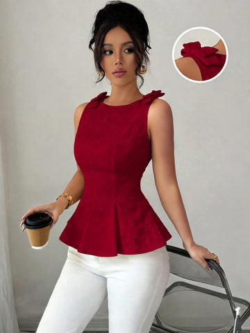 Woven Texture Floral Print Women's Top With Bowknot Shoulder Strap