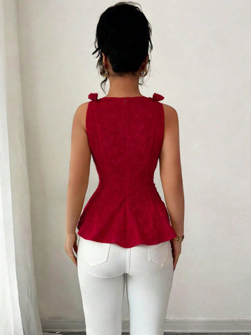 Woven Texture Floral Print Women's Top With Bowknot Shoulder Strap