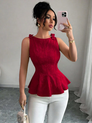 Woven Texture Floral Print Women's Top With Bowknot Shoulder Strap