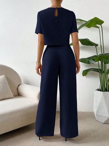 Essnce 2 Pieces Set Women Short Sleeve Round Neck Solid Color T-Shirt And Pants