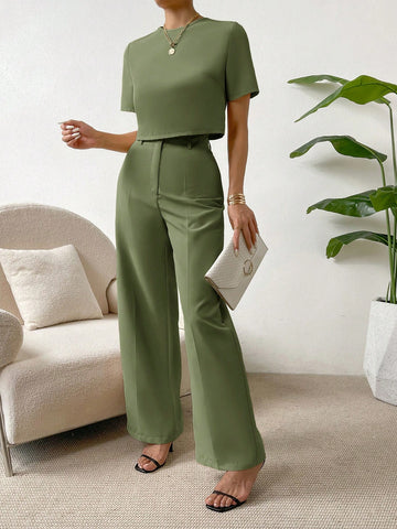 Essnce 2 Pieces Set Women Short Sleeve Round Neck Solid Color T-Shirt And Pants
