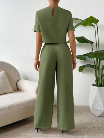 Essnce 2 Pieces Set Women Short Sleeve Round Neck Solid Color T-Shirt And Pants