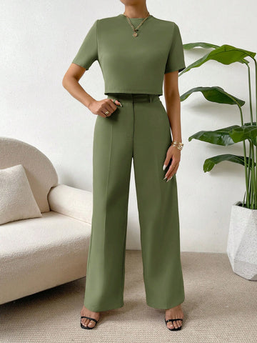 Essnce 2 Pieces Set Women Short Sleeve Round Neck Solid Color T-Shirt And Pants