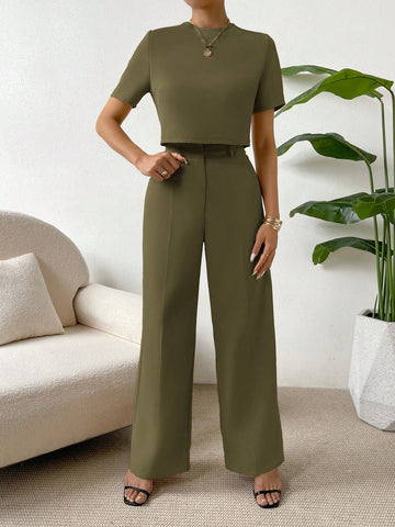 Essnce 2 Pieces Set Women Short Sleeve Round Neck Solid Color T-Shirt And Pants