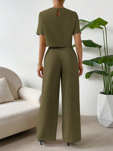Essnce 2 Pieces Set Women Short Sleeve Round Neck Solid Color T-Shirt And Pants