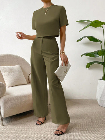 Essnce 2 Pieces Set Women Short Sleeve Round Neck Solid Color T-Shirt And Pants