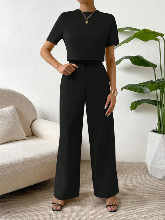 Essnce 2 Pieces Set Women Short Sleeve Round Neck Solid Color T-Shirt And Pants