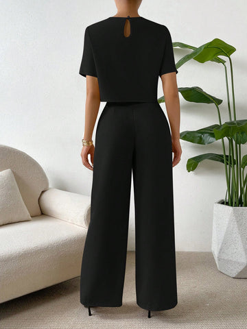 Essnce 2 Pieces Set Women Short Sleeve Round Neck Solid Color T-Shirt And Pants