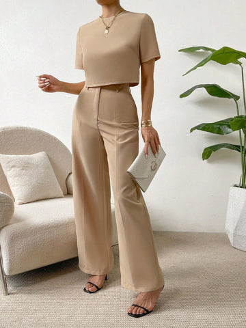 Essnce 2 Pieces Set Women Short Sleeve Round Neck Solid Color T-Shirt And Pants