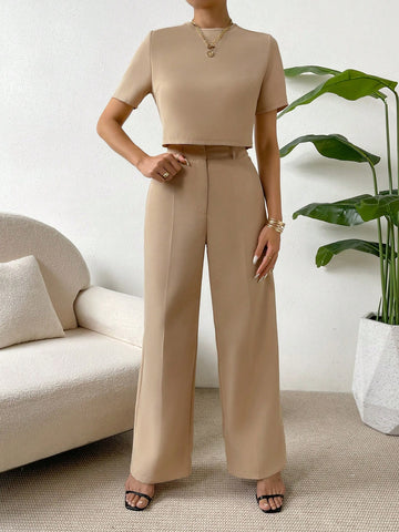 Essnce 2 Pieces Set Women Short Sleeve Round Neck Solid Color T-Shirt And Pants