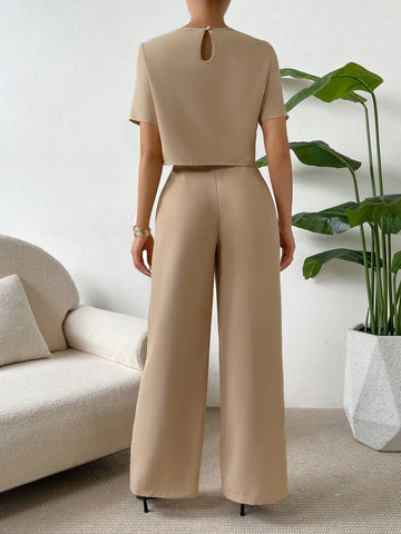 Essnce 2 Pieces Set Women Short Sleeve Round Neck Solid Color T-Shirt And Pants