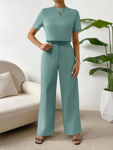 Essnce 2 Pieces Set Women Short Sleeve Round Neck Solid Color T-Shirt And Pants