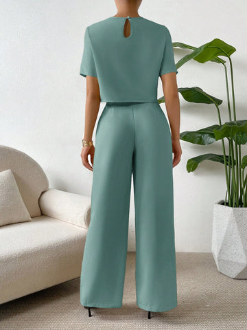 Essnce 2 Pieces Set Women Short Sleeve Round Neck Solid Color T-Shirt And Pants