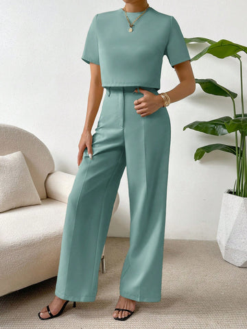 Essnce 2 Pieces Set Women Short Sleeve Round Neck Solid Color T-Shirt And Pants