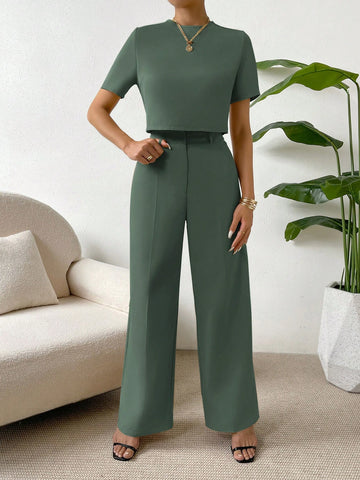 Essnce 2 Pieces Set Women Short Sleeve Round Neck Solid Color T-Shirt And Pants