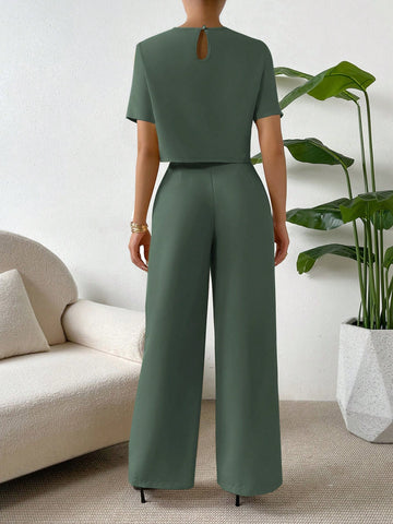 Essnce 2 Pieces Set Women Short Sleeve Round Neck Solid Color T-Shirt And Pants