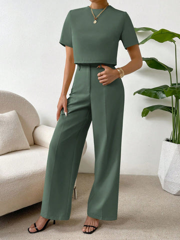 Essnce 2 Pieces Set Women Short Sleeve Round Neck Solid Color T-Shirt And Pants