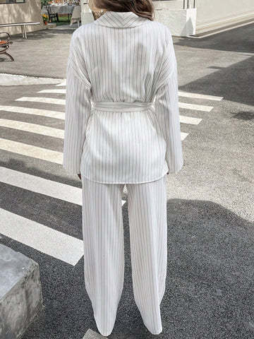 Women's Striped Wrap Casual Kimono Suit Set
