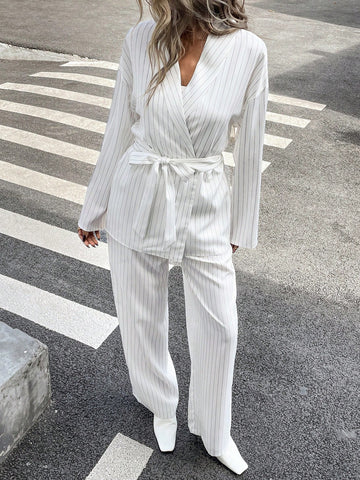 Women's Striped Wrap Casual Kimono Suit Set