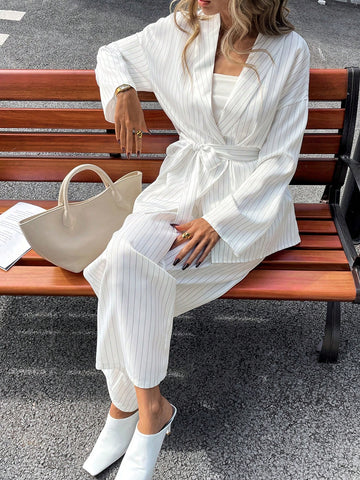 Women's Striped Wrap Casual Kimono Suit Set