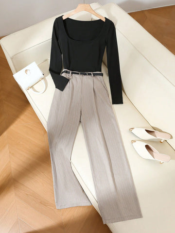 Elegant French Style Square Collar Long Sleeve Bodycon Top And Striped Suit Pants