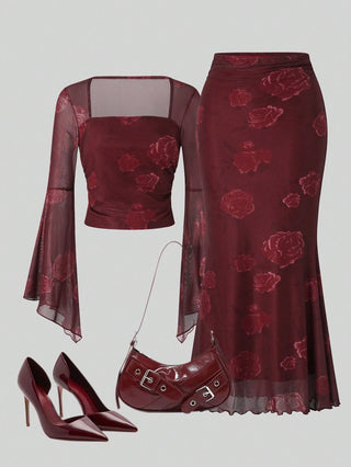 Women Rose Print Bandeau Top And Mermaid Skirt