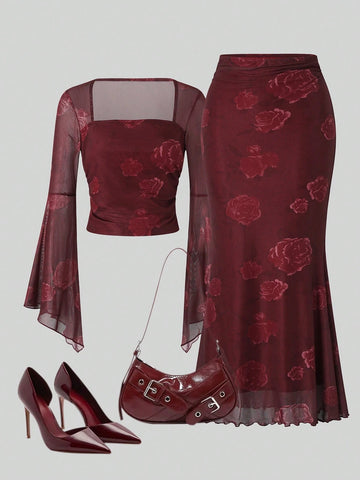 Women Rose Print Bandeau Top And Mermaid Skirt