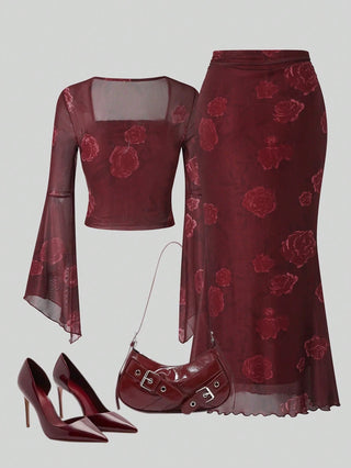 Women Rose Print Bandeau Top And Mermaid Skirt