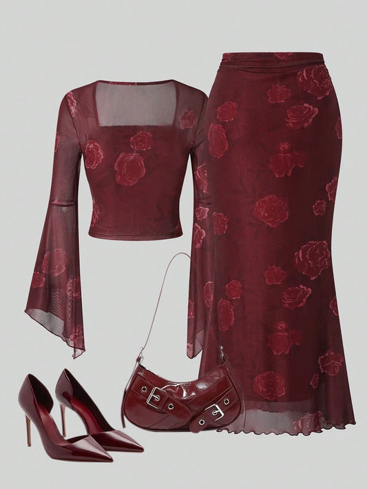 Women Rose Print Bandeau Top And Mermaid Skirt