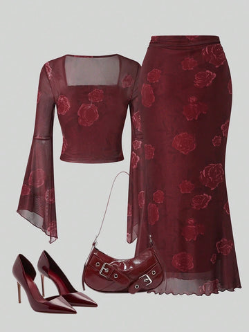 Women Rose Print Bandeau Top And Mermaid Skirt