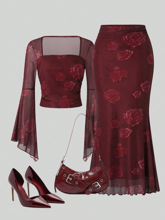 2pcs/Set Women Rose Print Bandeau Top And Mermaid Skirt
