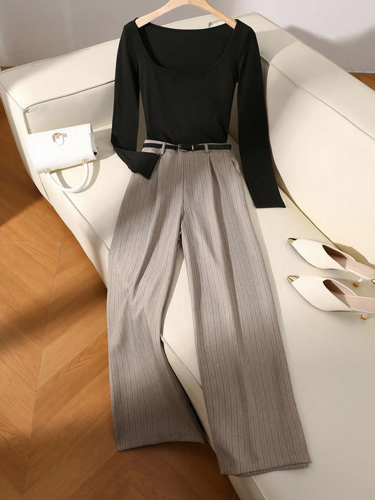 Elegant French Style Square Collar Long Sleeve Bodycon Top And Striped Suit Pants