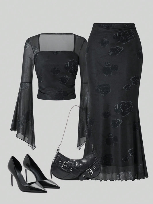 2pcs/Set Women Rose Print Bandeau Top And Mermaid Skirt