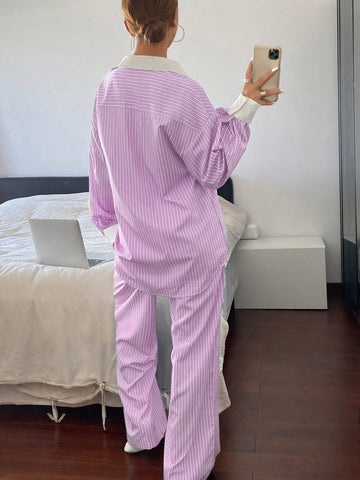 2pcs Women Casual/Business Striped Long Sleeve Shirt And Pants Set