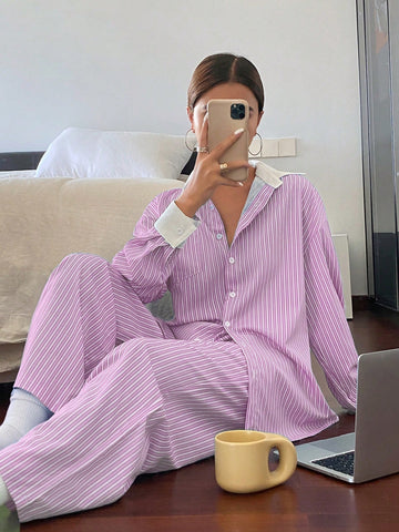 2pcs Women Casual/Business Striped Long Sleeve Shirt And Pants Set