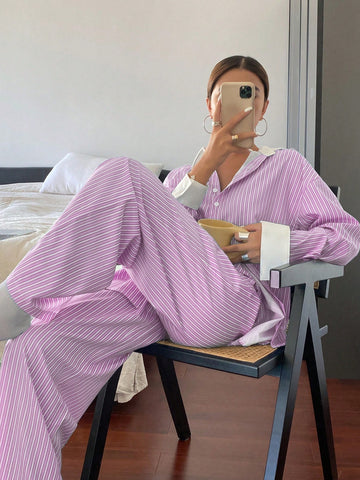 2pcs Women Casual/Business Striped Long Sleeve Shirt And Pants Set